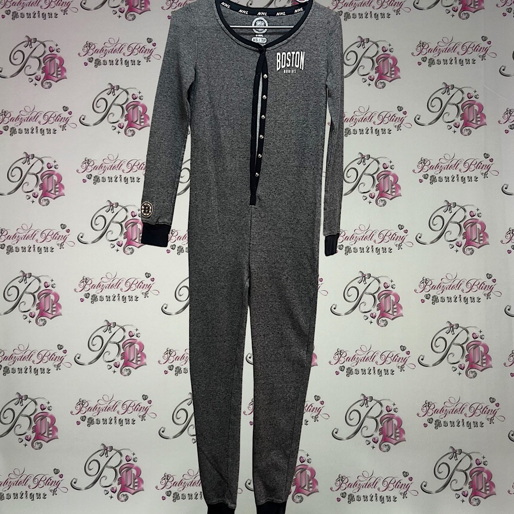 Boston bruins onsie thermal waffle knit grey black long John one piece PJS